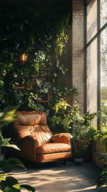 Sunlit leather sanctuary nested in lush indoor jungle.