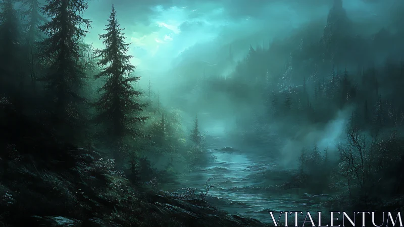 Misty Mountain River: Where Twilight Dreams Dance Through Ancient Pines