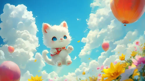 Ethereal White Kitten Floating Through Cumulus Clouds and Balloons.