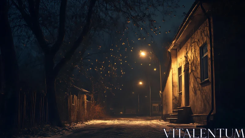 Night street scene shows lit house facade and empty road