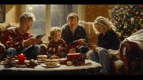 Family sits indoors at Christmas table while snow falls