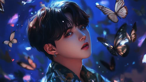 Young person surrounded by glowing butterflies at night.