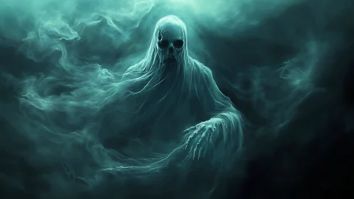 Ghostly wraith emerges from swirling teal spectral mist