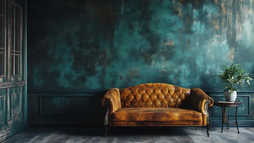 Vintage leather sofa against textured teal interior wall.