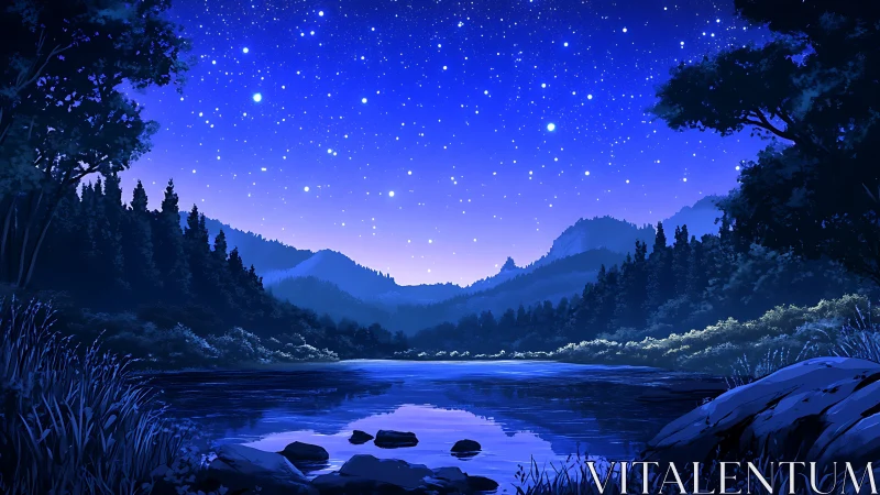 Starlit mountain lake wrapped in deep blue forest calm.
