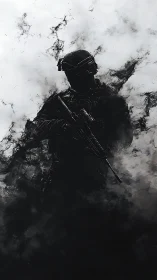 Tactical soldier silhouette emerging from abstract smoke field.