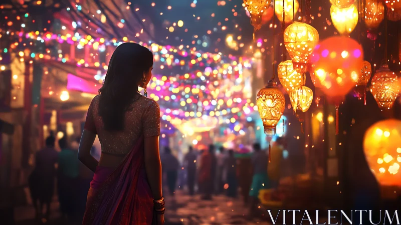 Woman in sari walks beneath glowing festival lanterns at night.