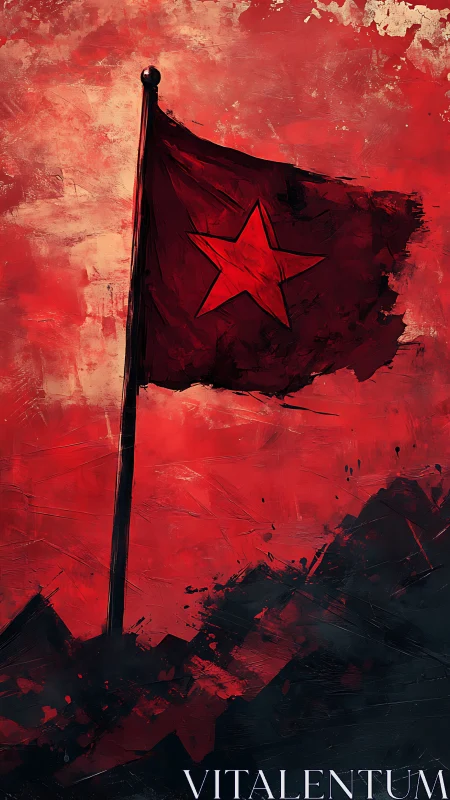 Crimson banner with star amid abstract stormy textures.
