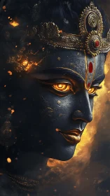 Fiery golden gaze of a celestial goddess in shadowed smoke.