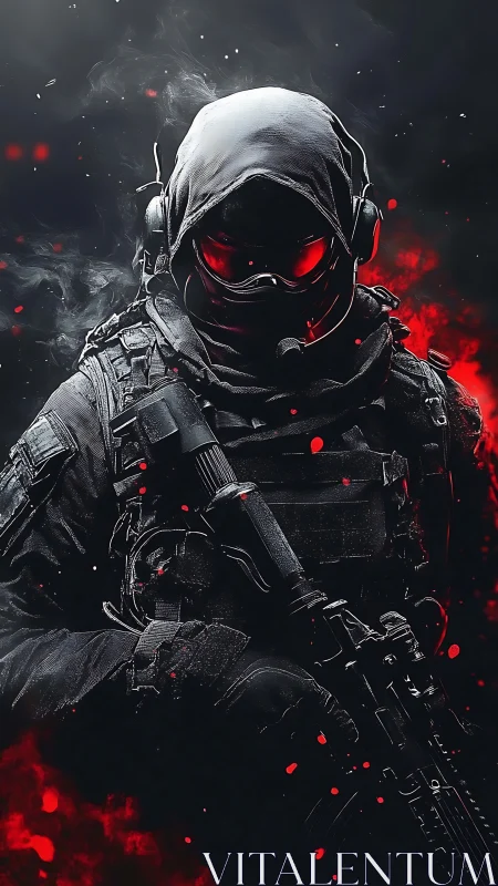 Crimson shadow operative framed in swirling battle light.