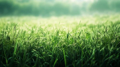 Morning dew on dense green grass under atmospheric bokeh light