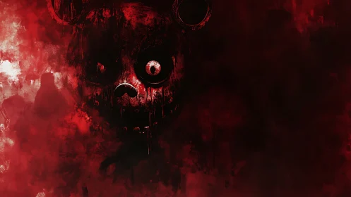 Grinning nightmare bear bleeds through a crimson fogscape.
