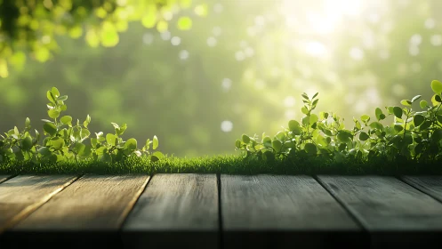 Sunlit garden leaves border rustic wooden terrace edge.
