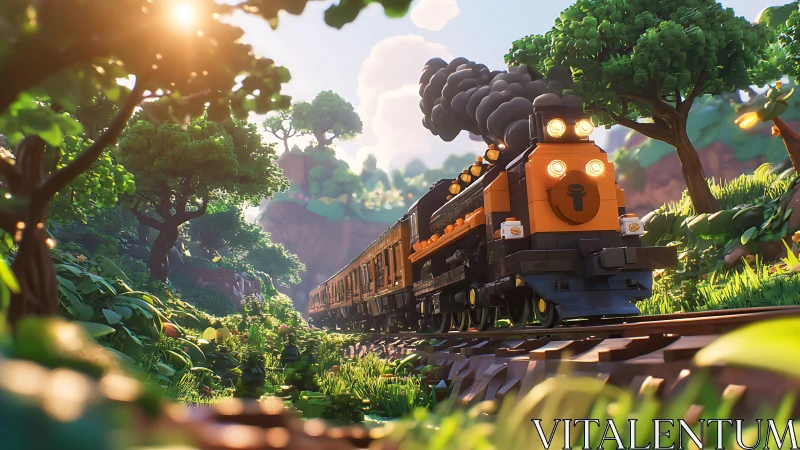 Toy block-style train crossing lush forest railway scene.