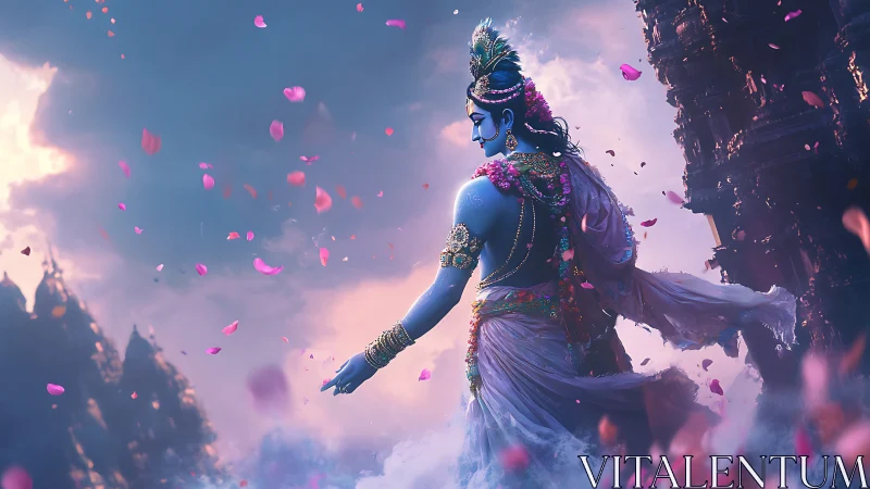 Graceful blue deity walks through swirling rose petal sky