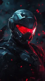 Armored cyber soldier stands in red-lit futuristic storm.