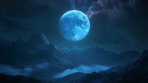 Blue moon above rugged mountains in dark night sky.