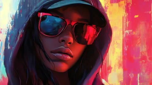 Neon hooded woman in sunglasses against abstract city glow.