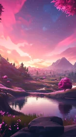 Pink valley landscape under vivid sunset sky period.