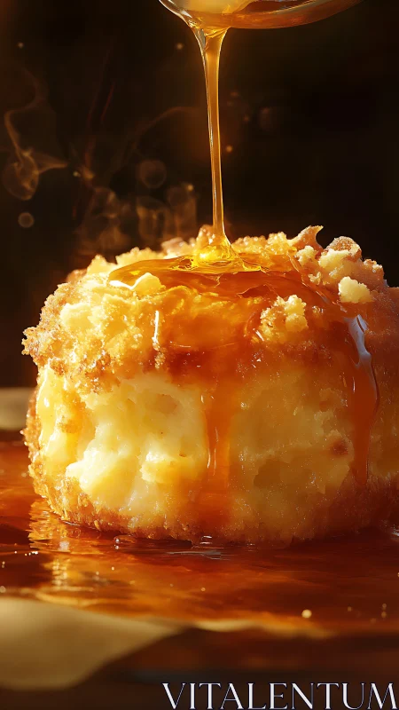 Photorealistic molten dessert with cascading caramel glaze.
