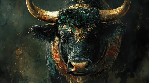 Decorated black bull portrait with detailed ornate adornments
