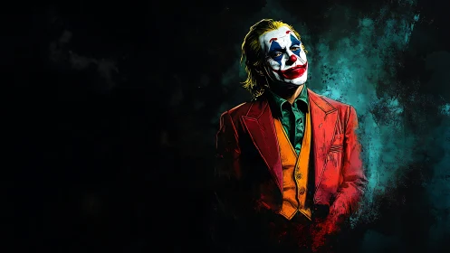 Stylized clown portrait in red suit on textured teal void