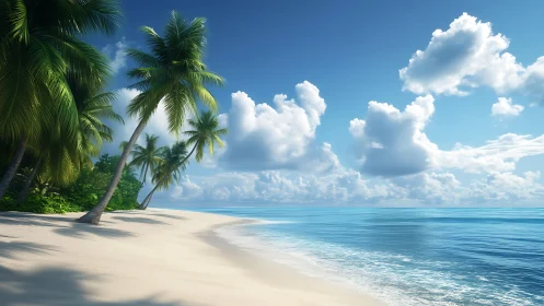 Tropical Coastal Scene with Photorealistic Palm Trees, Crystalline Waters, and Volumetric Cloud Form