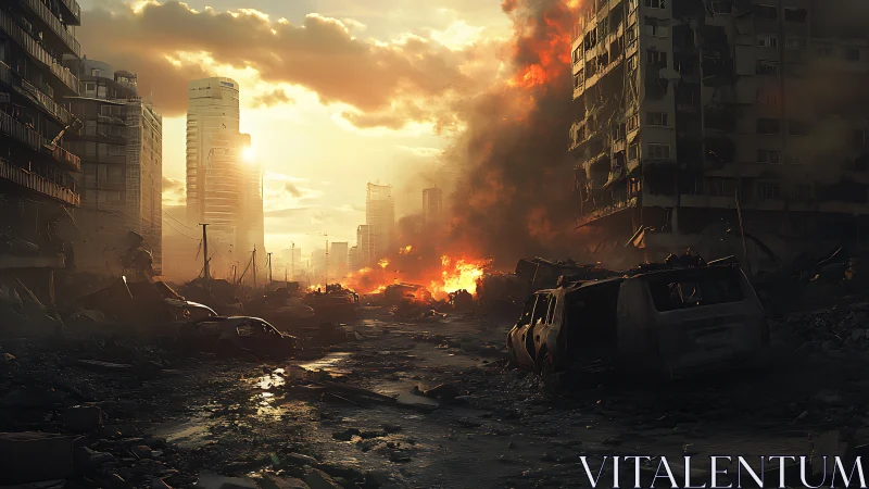 Cinematic digital painting of a sunlit post‑apocalyptic avenue.