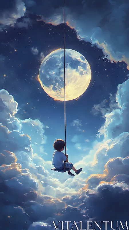 Child on suspended swing facing large moon in clouded sky.