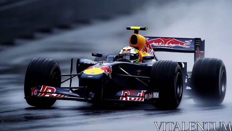 Photorealistic F1 wet-race capture with dynamic motion blur.