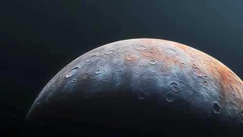 Crescent planetary horizon with cratered, color-shifted terrain.