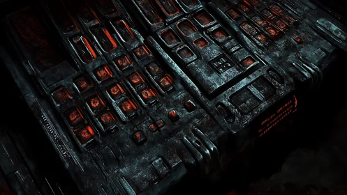 Rust-lit sci fi control deck glowing with ember circuitry.