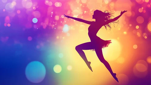 Silhouette dancer over bokeh-rich neon gradient backdrop.