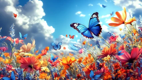 Butterflies over multicolored wildflower meadow under clouds.