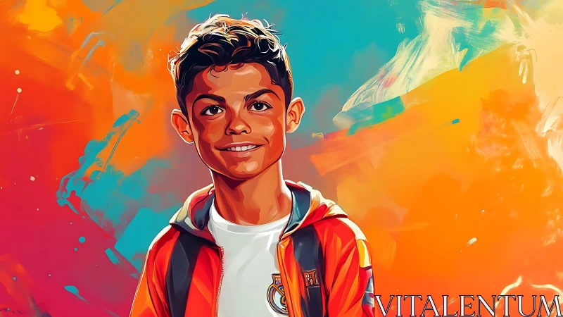 Digital portrait of young boy against vibrant abstract background.