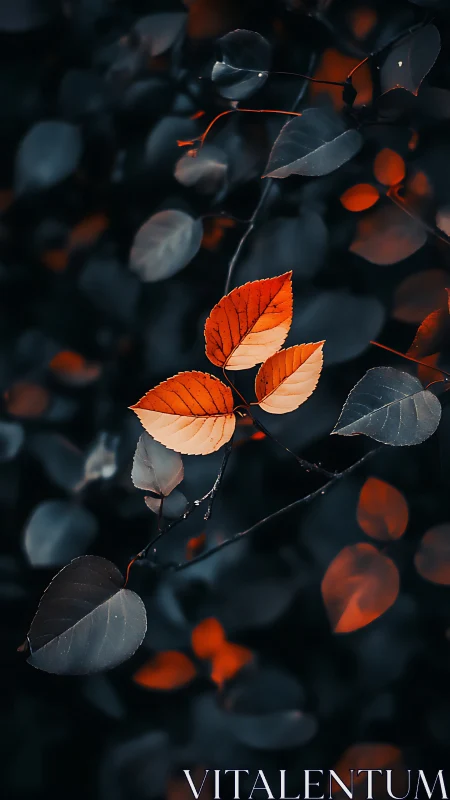 Orange leaves on dark blurred foliage background at dusk.