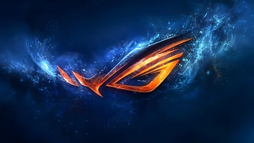 Futuristic fiery orange emblem with blue cosmic energy background.