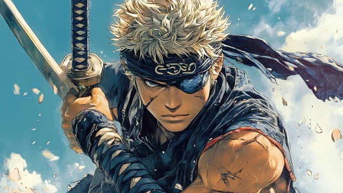 One-eyed anime swordsman charges forward with raised blade