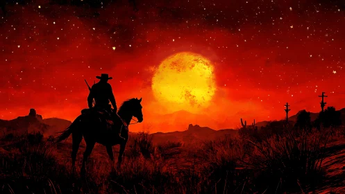 Lone cowboy rides under blazing crimson desert sun.