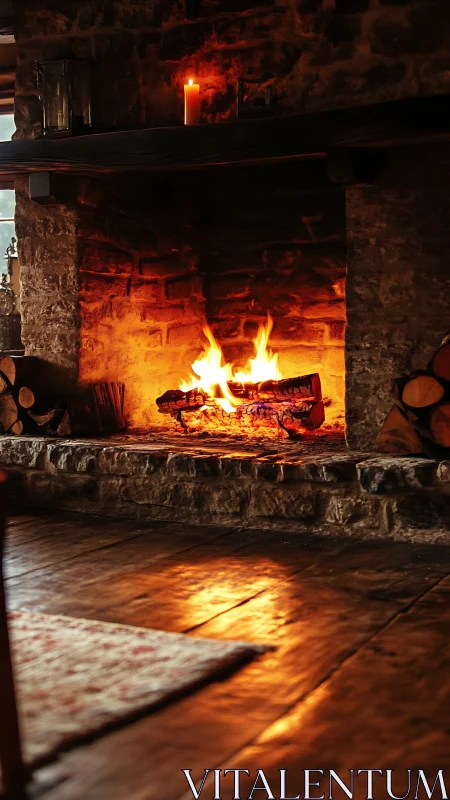 Ancient Hearth Ablaze: Stone Fireplace Roars with Golden Warmth.