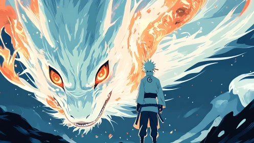 Stormlit warrior confronts blazing spirit dragon of fire and ice.