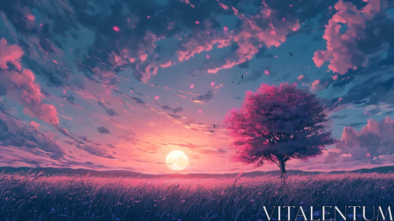 Dreamy pink tree under a glowing moonlit sunset sky.
