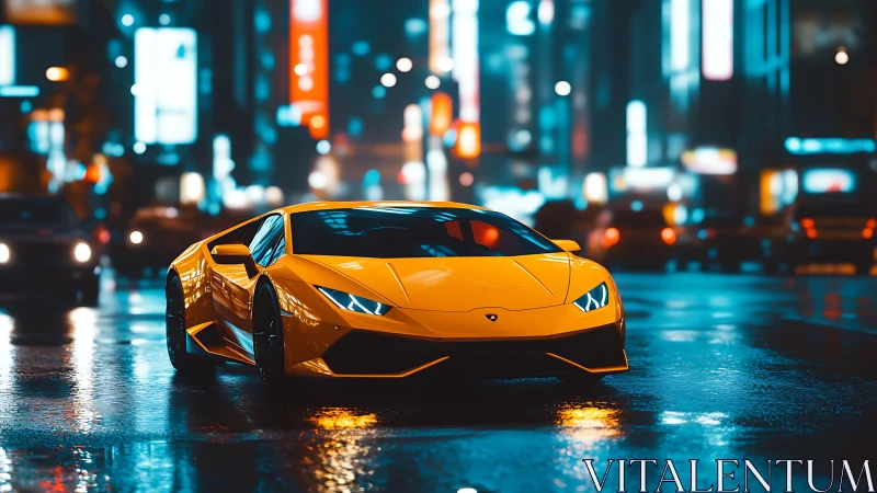Yellow supercar glides through neon-soaked futuristic city streets.