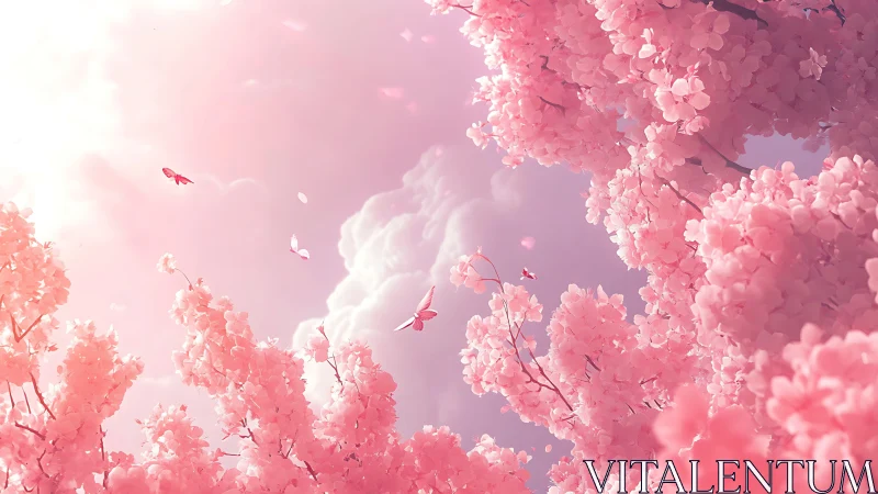 Soft pink cherry blossoms with butterflies in sunlight.