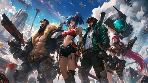 Cyberpunk mercenary squad storms futuristic war-torn city.