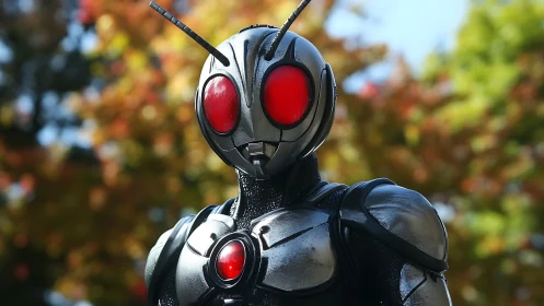 Armored insectoid hero poses against vivid autumn foliage.