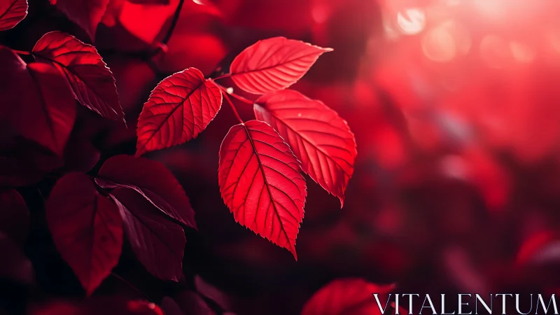 Scarlet leaves glow softly in dreamy autumn sunlight.