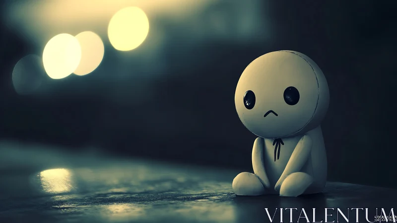 Small doll figure on reflective surface at night.