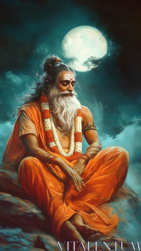 Moonlit ascetic in orange robes rendered with high-detail digital shading