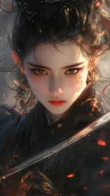 Fierce warrior heroine glowing with ember lit resolve.